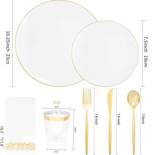 MirthMood 350Pcs White and Gold Dinnerware Set,Plastic plates Includes:50 Dinner Plates, 50 Dessert Plates, 150 Gold Plastic Cutlery,50 Paper Towels & 50 Cups for Party&Wedding - color: White, size: 350