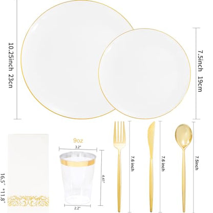 MirthMood 350Pcs White and Gold Dinnerware Set,Plastic plates Includes:50 Dinner Plates, 50 Dessert Plates, 150 Gold Plastic Cutlery,50 Paper Towels & 50 Cups for Party&Wedding - color: White, size: 350
