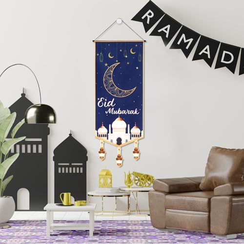 Eid Mubarak Banner, 40x15.55 Inch Ramadan Door Hanging Sign Eid Mubarak Door Sign Ramadan Banner Eid Mubarak Decoration Ramadan Decorations for Home Door