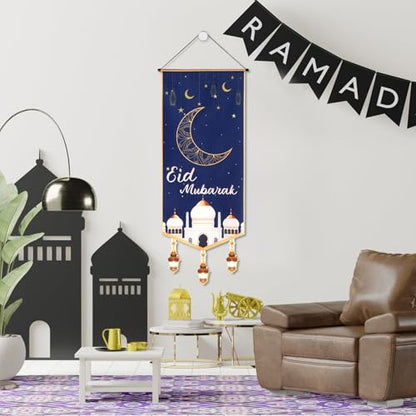 Eid Mubarak Banner, 40x15.55 Inch Ramadan Door Hanging Sign Eid Mubarak Door Sign Ramadan Banner Eid Mubarak Decoration Ramadan Decorations for Home Door