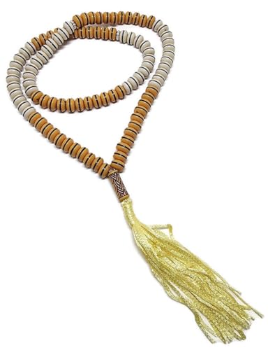 Islam Tasbih 99 Beads 8 mm. AMN-409 Muslim Prayer dhikr Misbaha Rosary with Beautiful Decorated Tassel Eid Ramadan Gift (Yellow/Cream) - color: Yellow/Cream