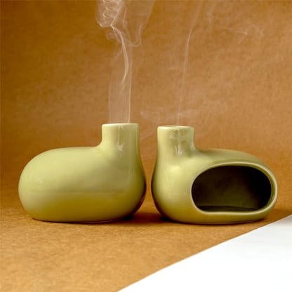 MOUGIGI Palo Santo Holder Burner - Modern Chiminea Incense Dish for Palo Santo Sticks and Cones - Ceramic Meditation Gift with Natural Polished Surface - Perfect for Yoga, Aromatherapy - color: Glazed Ceramics - Emerald Green