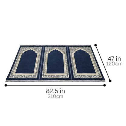 Muslim Thin Chenille Islamic Prayer Mat - Selcuk Star 3 Person (Navy Blue) - color: Navy Blue