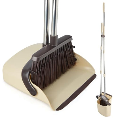Broom and Dustpan Set, Dustpan Combo with 51" Stainless Steel Long Handle Brooms with 5-Layer Soft Bristles for Home Office Kitchen Bathroom(Beige) - color: Beige