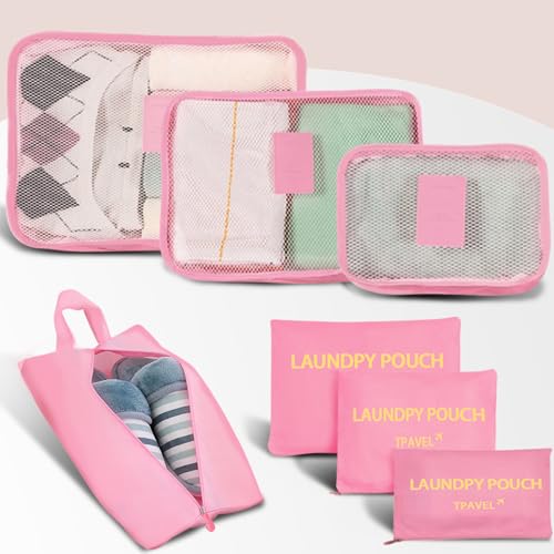 Trave Packing Cubes 7 Set Travel Organizer Bags Trip Compression Bags Luggage Packing Cubes for Suitcases Travel Accessories (Pink) - color: Pink