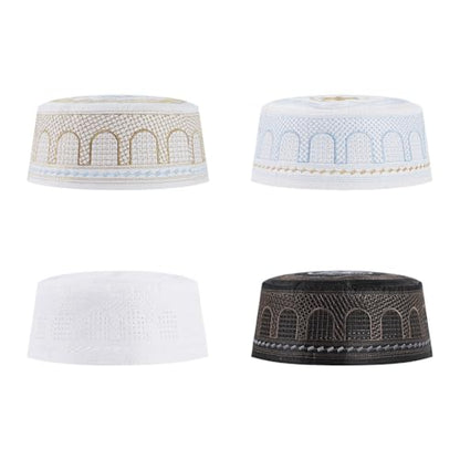 haozaikeji 4pcs Men's Muslim Prayer Kufi Hat Embroidered Islamic Prayer Cap Arabian Omani Turkish Praying Caps Eid Topi Hat - color: Black+white+gold+blue