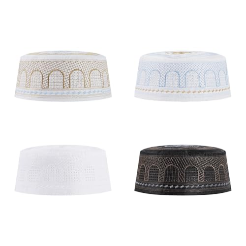 haozaikeji 4pcs Men's Muslim Prayer Kufi Hat Embroidered Islamic Prayer Cap Arabian Omani Turkish Praying Caps Eid Topi Hat - color: Black+white+gold+blue