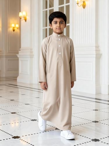 Boys' Muslim Thobe, Beige Islamic Abaya with Stand Collar, Long Sleeve Traditional Robe for Eid & Daily Wear - size: 11Y