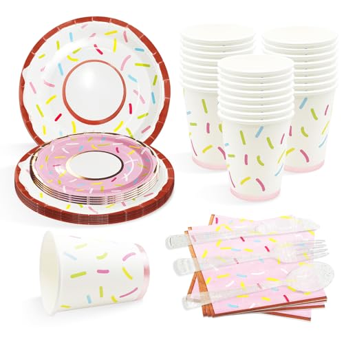 175PCS Rose Donut Plastic Disposable Plates Dinnerware Set for 25 Guests - color: Donut
