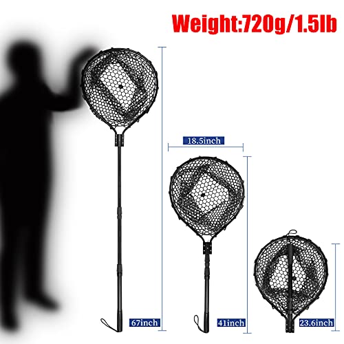 Rubber Fishing Net Large Folding Landing Collapsible Aluminum Pole Handle with Deep Net for Fishing,Big Fishing Net for Freshwater and Saltwater,Fly Fsihing Net Extend to 67 inches