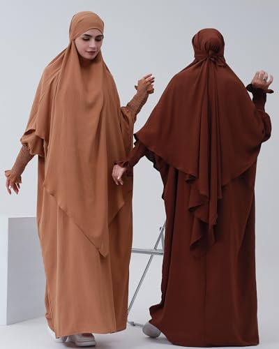Muslim Prayer Abaya Islamic Women's Khimar Pure Color Hijab Dress Long Sleeve Dubai Kaftan - color: Coffeehijab