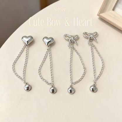 4 Pcs Silver Magnetic Clothing Clips with Chains, Heart & Bow Shape Metal Magnets for Clothes, T-Shirt Pants Hem Clips, No-Pinch Buttons for Adjusting Hem, Sleeves, Pants