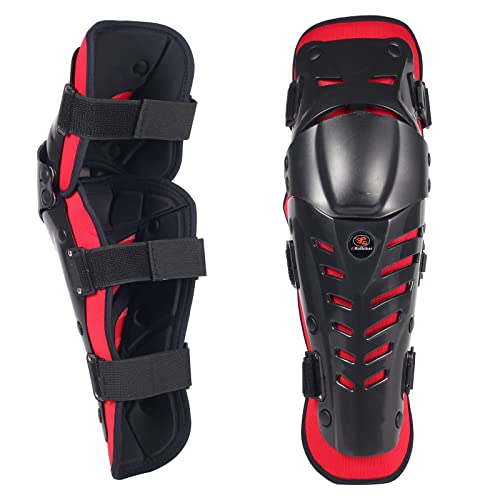 RIDBIKER Motorcycle Knee Shin Guards for Men, Bendable MTB Knee Pads | Long leg coverage with crash-proof protection. Flexible bendable design. Adjustable straps. Knee Protection for motocross - color: Red/LONGER