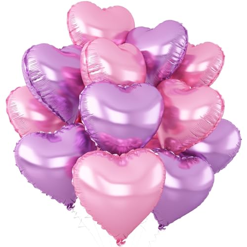 Pink Purple Heart Foil Balloons, 12Pcs 18Inch Heart Shaped Balloons - color: Pink Purple
