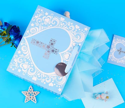 JWSCYSY 12.6" Large Blue Gift Bag with Metallic Silver Star Cross Design, Card and Tissue Paper for Baby Boy Baptisms, Christenings, First Communions Religious - color: Blue 12.6"