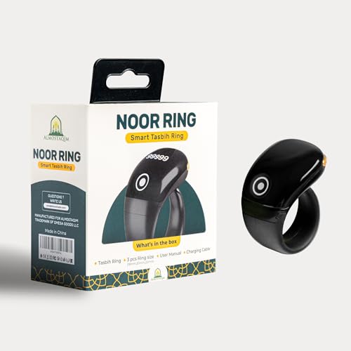 Smart Tasbih Counter - Digital Electronic Finger Counter & Tasbeeh/Zikr Ring Clicker with Goal Vibration Alerts, 33/66/99/100 Dhikr Sets, Prayer Times & Time Display - Includes 3 Ring Sizes