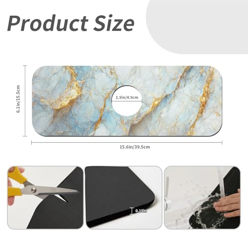 Kitchen Sink Splash Guard，Blue, white and gold marble-1 Faucet Mat Sink Gadgets-Super Absorbent Fast Drying Mat Drip Catcher for Kitchen, Bathroom,Sink Mat, Dish Drying Mat, Bathroom(15" X 5.5" ) - color: Blue, white and gold marble-1