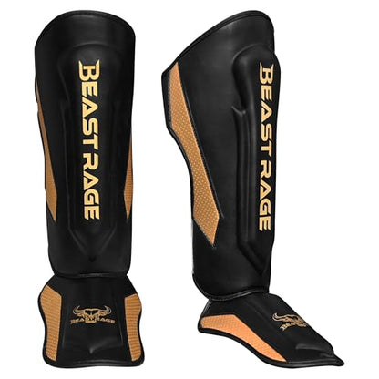BEAST RAGE MMA Martial Arts Shin Guards for Kickboxing Adjustable Muay Thai, Padded Martial Arts Shin Pads Leg Guard with Instep Sleeves MMA Training BJJ Karate Boxing Taekwondo - color: GOLDEN, size: X-Large