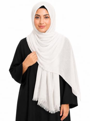 Cotton Linen Plain Hijab Scarf For Women,Muslim Viscose Crinkle Edge With Fringe,Summer Beach Wrap Headwraps Shawl - color: 29#white