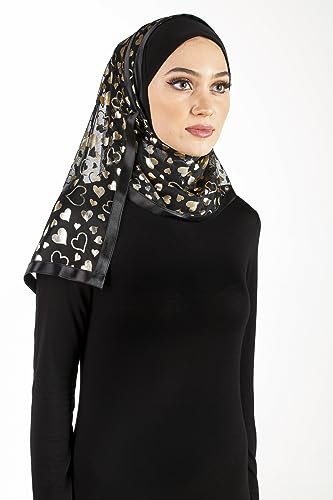 Stylish Mona Hijab Women's Black Kuwaiti with Chiffon Wrap Shawl & Satin Trim - color: Black Double Gold Hearts