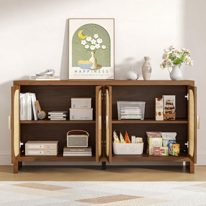 Fiogmub Rattan Sideboard Buffet Cabinet with Storage, Wooden Cabinet | 4 Doors Adjustable Shelves, for Kitchen, Dining Room, Entryway - color: Walnut