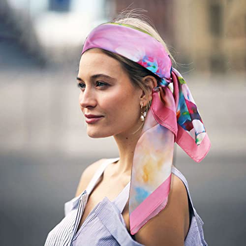 100% Mulberry Silk Scarf-Printed or Solid Color 35” Square Large Silk Hair Head Wrap Scarf With Gift Box Package - color: E Pattern: Aesthetic Butterfly Orchid