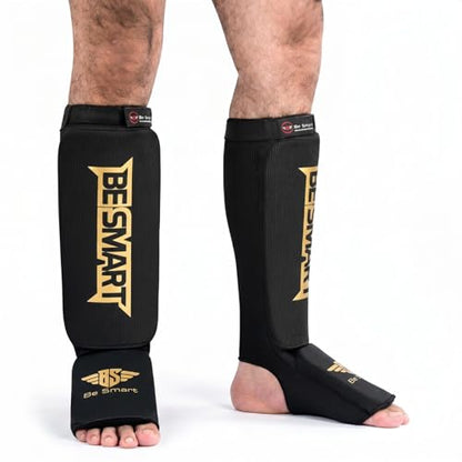 Be Smart MMA Shin Guards for Kickboxing, Muay Thai & Martial Arts – Padded Instep Protection, Lightweight Cotton Elastic Shin Pads – Adult & Youth Training Gear - color: Black/Gold, size: Small-Medium