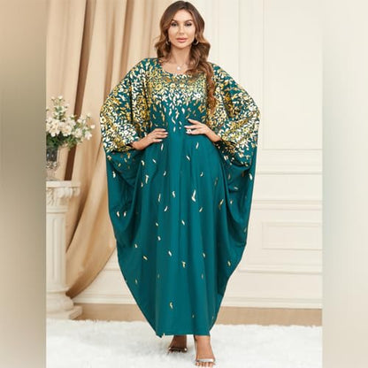 ODIZLI Muslim Abaya for Women Long Dresses Dubai Pendant Bat Sleeves Turkey African Caftan Vest - color: Blue Gold