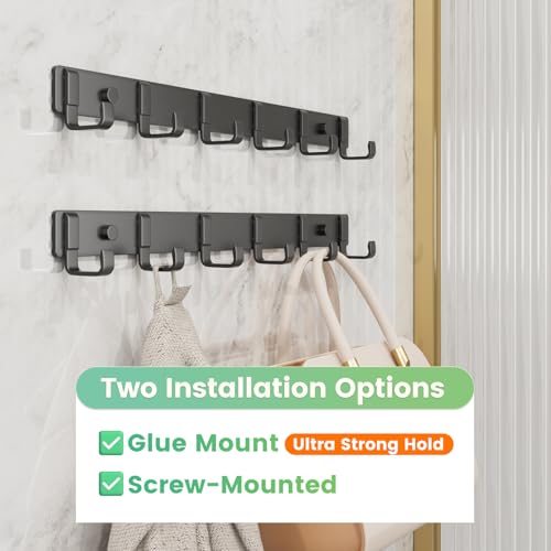 16-Inch Wall Mount Coat Rack with 6 Hooks, Compact Hooks for Hanging Coats, Hats, Jacket, Bags and Purses in Entryway, Bedroom, Bathroom or Closet, Install with Strong Glue or Screws (2-Pack) - color: Black - 2 Pack
