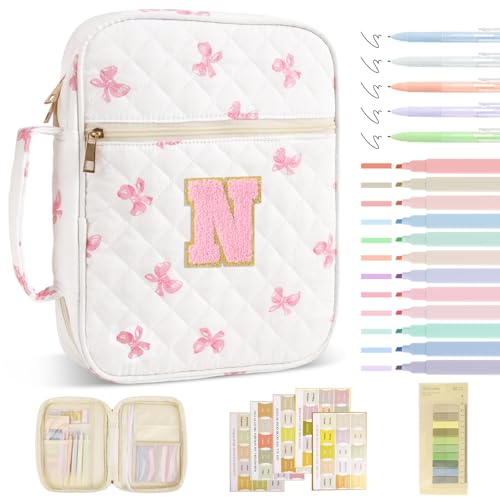 Personalized Initial Bible Cover Case for Women Girls Kid - Large Quilted Bible Case with Handle,Chenille Letter Bag Study Supplies,Christmas Gifts for Christians Birthday Graduation(Pink Bow-N) - color: Pink Bow, size: letter-N