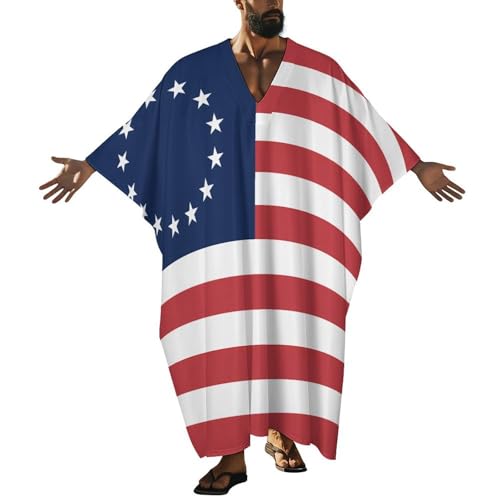 Betsy Ross Flag U.S.A Men's Kaftan Thobe V-Neck Long Gown Loose Robe - size: Large