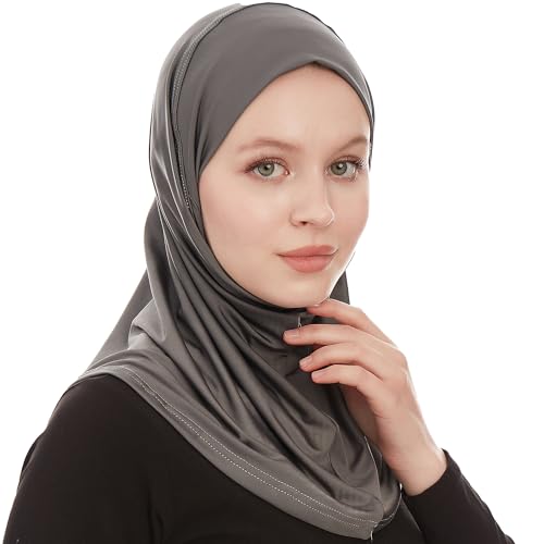 Plain Ready To Wear Amira Hijab for Women - Muslim Instant Amira Jersey Scarf – Soft Muslim One Piece Instant Hijab Headscarf - color: Dark Grey