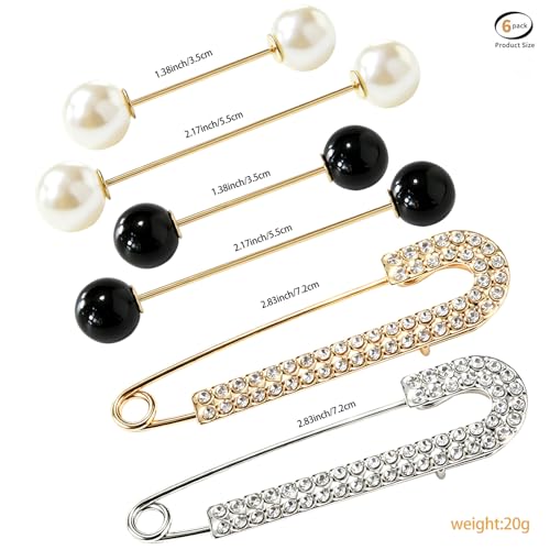 6PCS Artificial Pearl Brooch Pins for Women Clothes Scarf Cardigan Shawl Decorative Pin Shirt Sweater Clips ，Retro Sweater Shawl Clips Faux Crystal Girls Costume Accessory