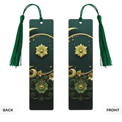 5 Pieces Wood Bookmark for Men Women Ramadan on Green Wallpaper Wooden Bookmarks Unique Handmade Book Marks with Tassel Pendant Craft Bookmark for Book Lovers Birthday Teachers Gift - color: Dark Green