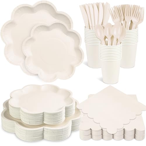 350 Pcs Party Plates and Cups and Napkins Ivory Scalloped Tableware Set - color: Ivory