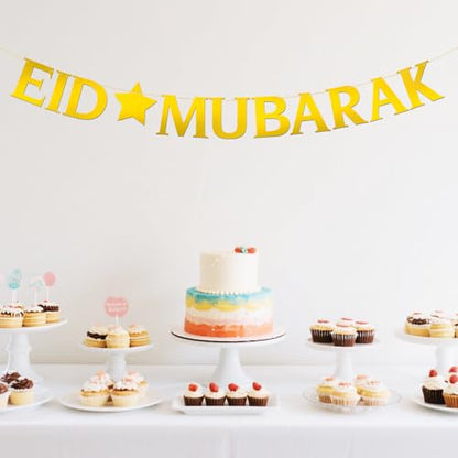 Eid Mubarak Banner - Moon Ramadan Kareem Party Decor - Baby Shower - Perfect Eid Gifts - Islamic Muslim Party Supplies - Mirror Gold
