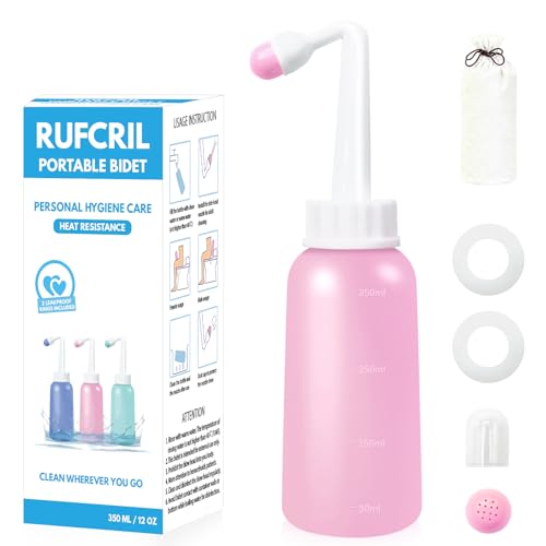 RUFCRIL Mini Peri Bottle, 350ml Portable Travel Bidet with Extra Ring and Carry Bag, TPE Material for High Temperature Resistance, Essentials for Postpartum Perineal Care,Hemorrhoid Treatment, Pink - color: Pink