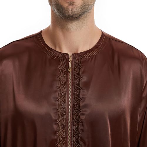 Men's Islamic Arab Kaftans Robe for Eid, Dubai Ramadan Daily Clothes - Muslim Thobe Shirt - color: A Brown, size: X-Large
