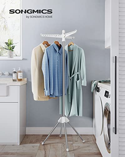 SONGMICS 의류 건조대, 149.9cm(59인치) 접이식 세탁 건조대, 행거용 회전 가능한 팔 3개, 다리 4개, 스테인리스 스틸, 옷 27피스용, 화이트 및 실버 ULLR510W01 - color: 화이트 + 실버, style: 1단