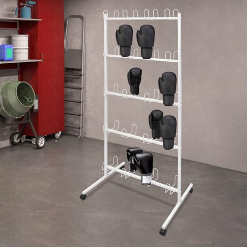 5 Tiers Boxing Gloves Drying Rack, Boxing Glove Storage with 4 Universal Wheels for 20 Pairs Gloves, Boxing Glove Storage Show Rack for Gym, Home, Boxing Training Room (White)