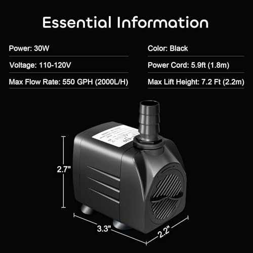GROWNEER 550GPH Submersible Pump 30W Fountain Water Pump, 2000L/H, with 7.2ft High Lift, 3 Nozzles for Aquarium, Fish Tank, Pond, Hydroponics, Statuary, Pool - size: 550 GPH