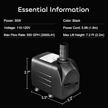 GROWNEER 550GPH Submersible Pump 30W Fountain Water Pump, 2000L/H, with 7.2ft High Lift, 3 Nozzles for Aquarium, Fish Tank, Pond, Hydroponics, Statuary, Pool - size: 550 GPH