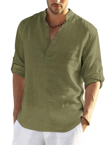 COOFANDY Men's Cotton Linen Henley T-Shirt Long Sleeve Hippie Casual Beach T-Shirts - color: Army Green, size: Small