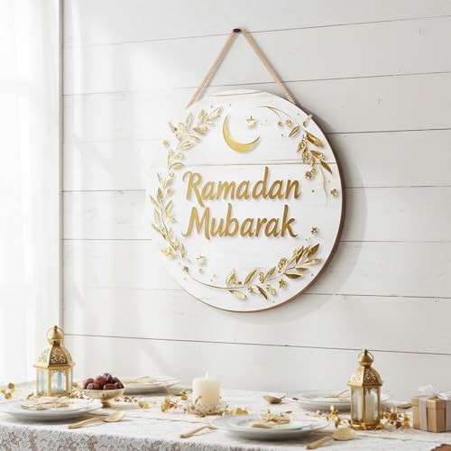 Ramadan Wreath for Front Door - Islamic Ramadan Mubarak Wooden Hanging Sign Ramadan Door Decoration Eid Mubarak Moon Stars Leafy Vine Branches Pattern Outdoor Home Wall Window Decor Gifts