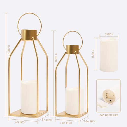 HPC Decor 모던 팜하우스 랜턴 장식 - 크리스마스용 골드 메탈 캔들 랜턴 - 랜턴 장식, 타이머 깜박임 양초 포함, 거실, 가정, 실내, 실외, 테이블, 벽난로 맨틀 장식 - size: 15inch and 12inch（Gold）