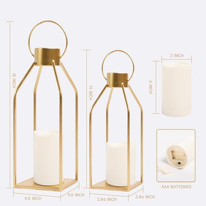 HPC Decor 모던 팜하우스 랜턴 장식 - 크리스마스용 골드 메탈 캔들 랜턴 - 랜턴 장식, 타이머 깜박임 양초 포함, 거실, 가정, 실내, 실외, 테이블, 벽난로 맨틀 장식 - size: 15inch and 12inch（Gold）