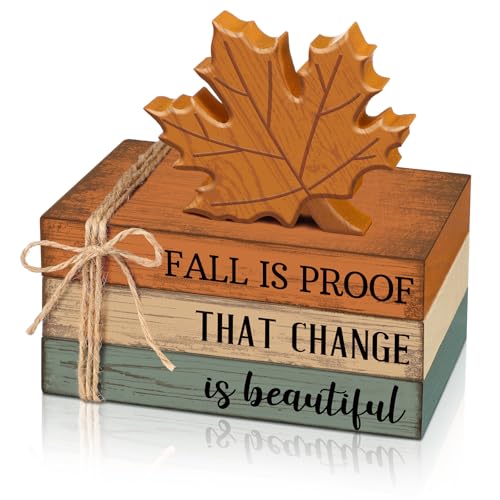 4 Pcs Fall Coffee Table Decorations Fall Tiered Tray Decor Thanksgiving Centerpiece Rustic Wooden Hot Cocoa Cup Maple Leaves Pumpkin Block Sign for Autumn Harvest Bar Kitchen Shelf Home - style: Fall Leaves