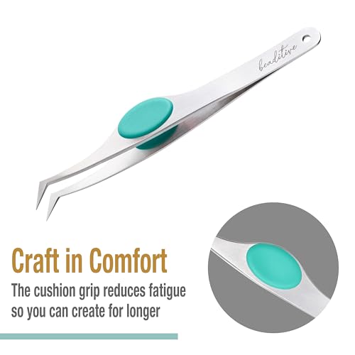 Beaditive High Precision Angled Tip Tweezers with Cushion Grip - 4.7" Craft Tweezers for Sewing, Beading & DIY Crafts - Non-Serrated Jewelry Tweezers with Fine Angled Tips - Stainless Steel (Teal) - color: Teal