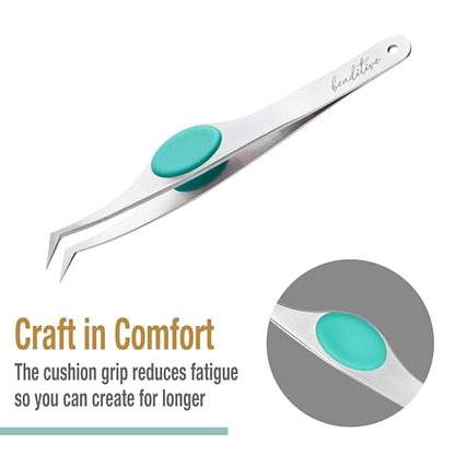 Beaditive High Precision Angled Tip Tweezers with Cushion Grip - 4.7" Craft Tweezers for Sewing, Beading & DIY Crafts - Non-Serrated Jewelry Tweezers with Fine Angled Tips - Stainless Steel (Teal) - color: Teal