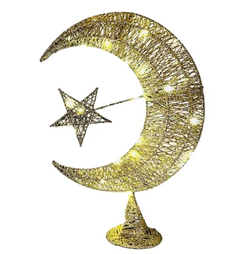 Eid Moon Star Table Lamp & Balloons Set - Metal Glitter-Clad LED Light, Battery-Powered 14" Festive Bedside/Desktop Décor + 12 Eid Mubarak Balloons (Gold Eid Gift) - color: Gold
